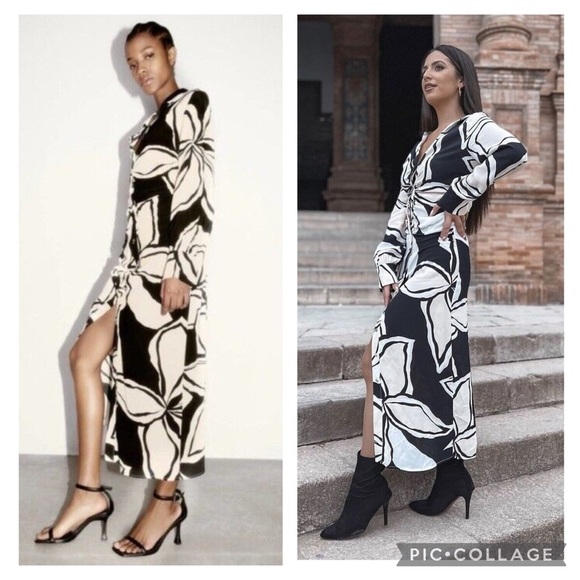 Zara Black & Ecru Floral Midi Shirtdress Size Small NWT - Picture 3 of 15